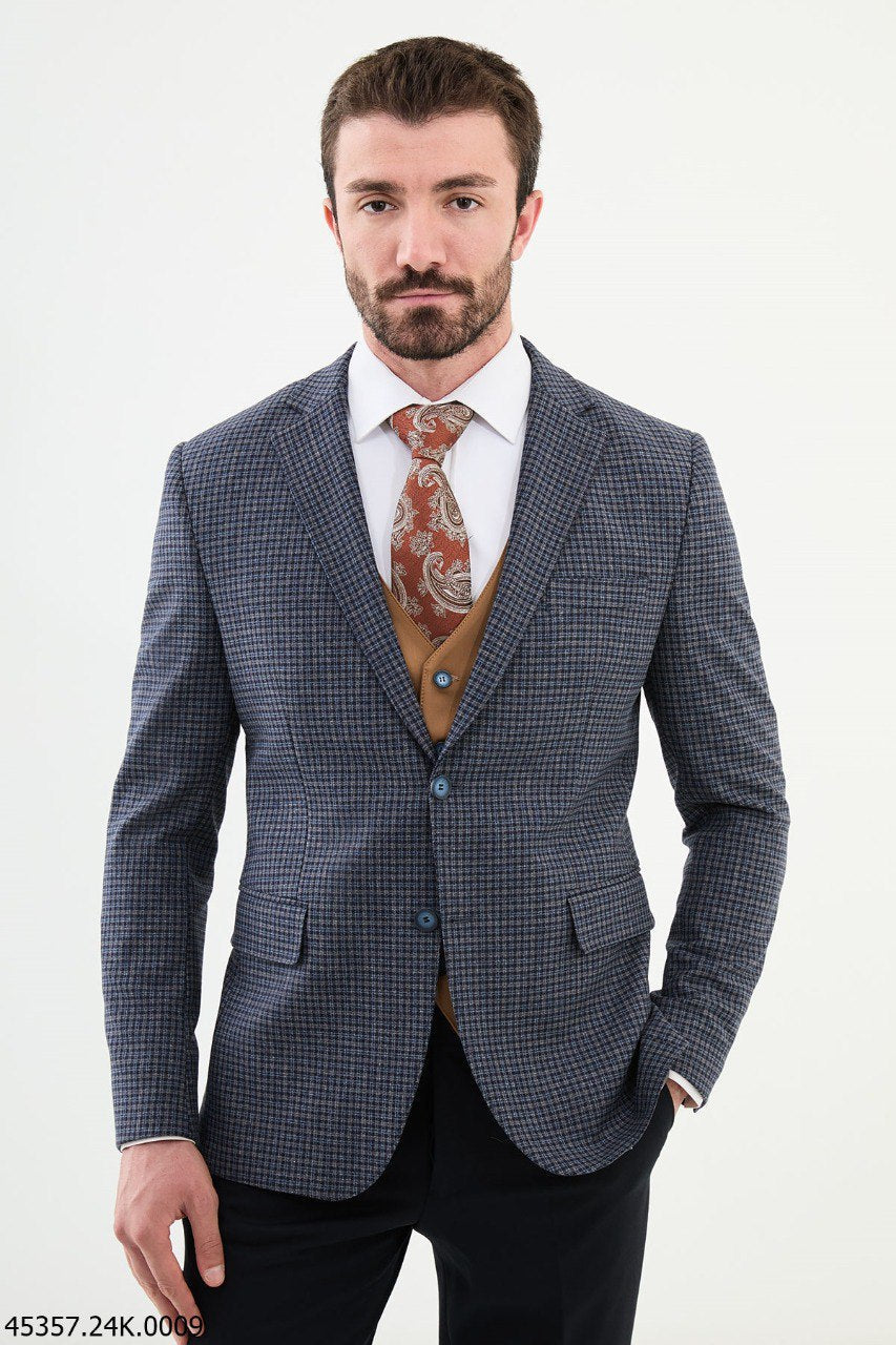 Belmonte Navy Blue Plaid Patterned Slim Fit Suit