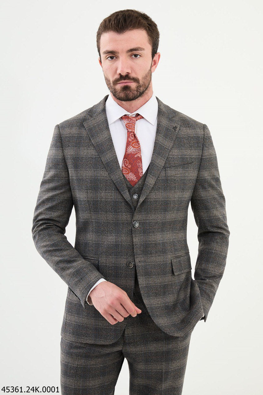 Belmonte Dark Beige Plaid  Slim Fit Suit