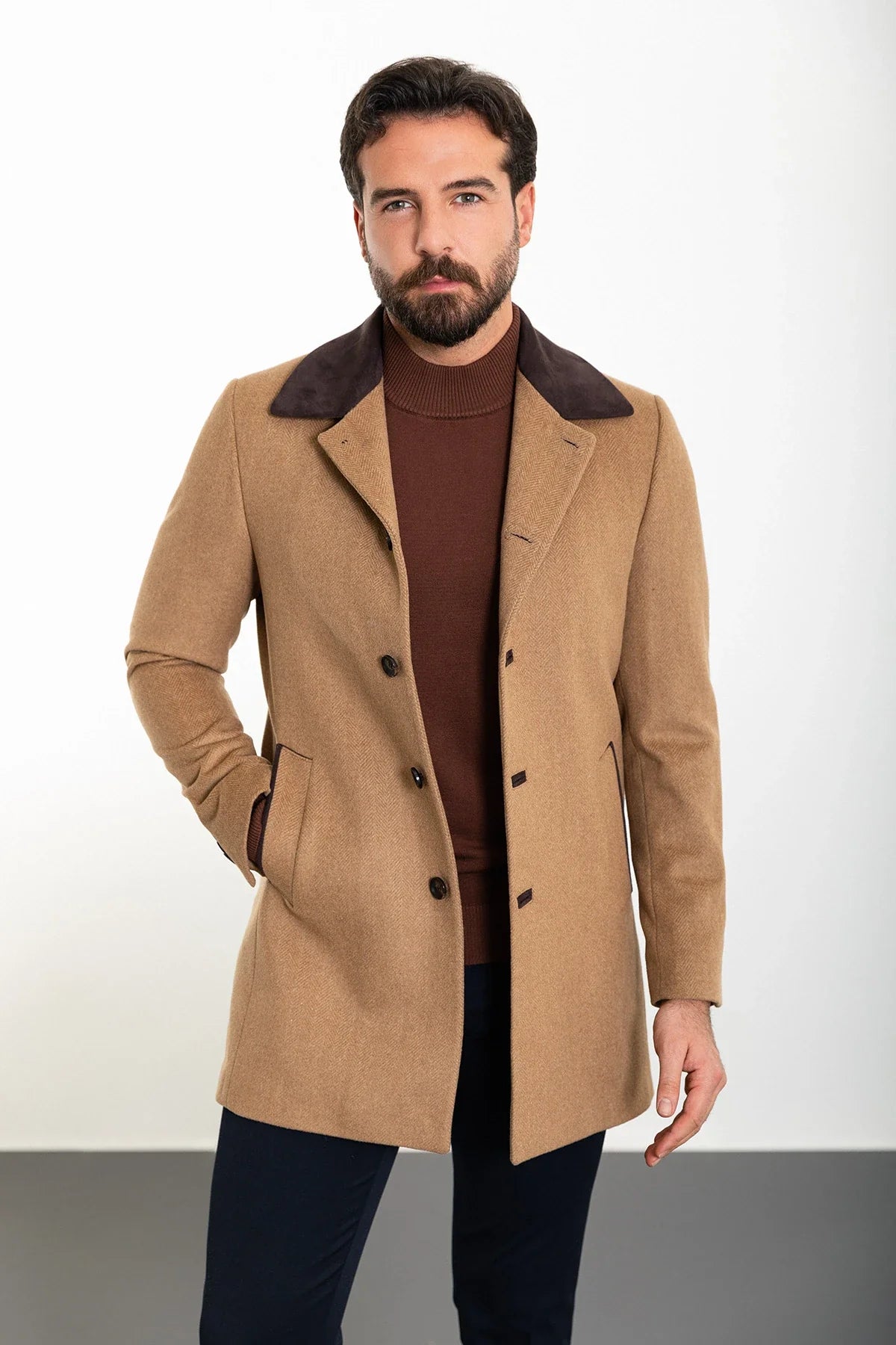 Bojoni Capena Patterned Slim Fit Collar Detailed Stamped  Camel Coat