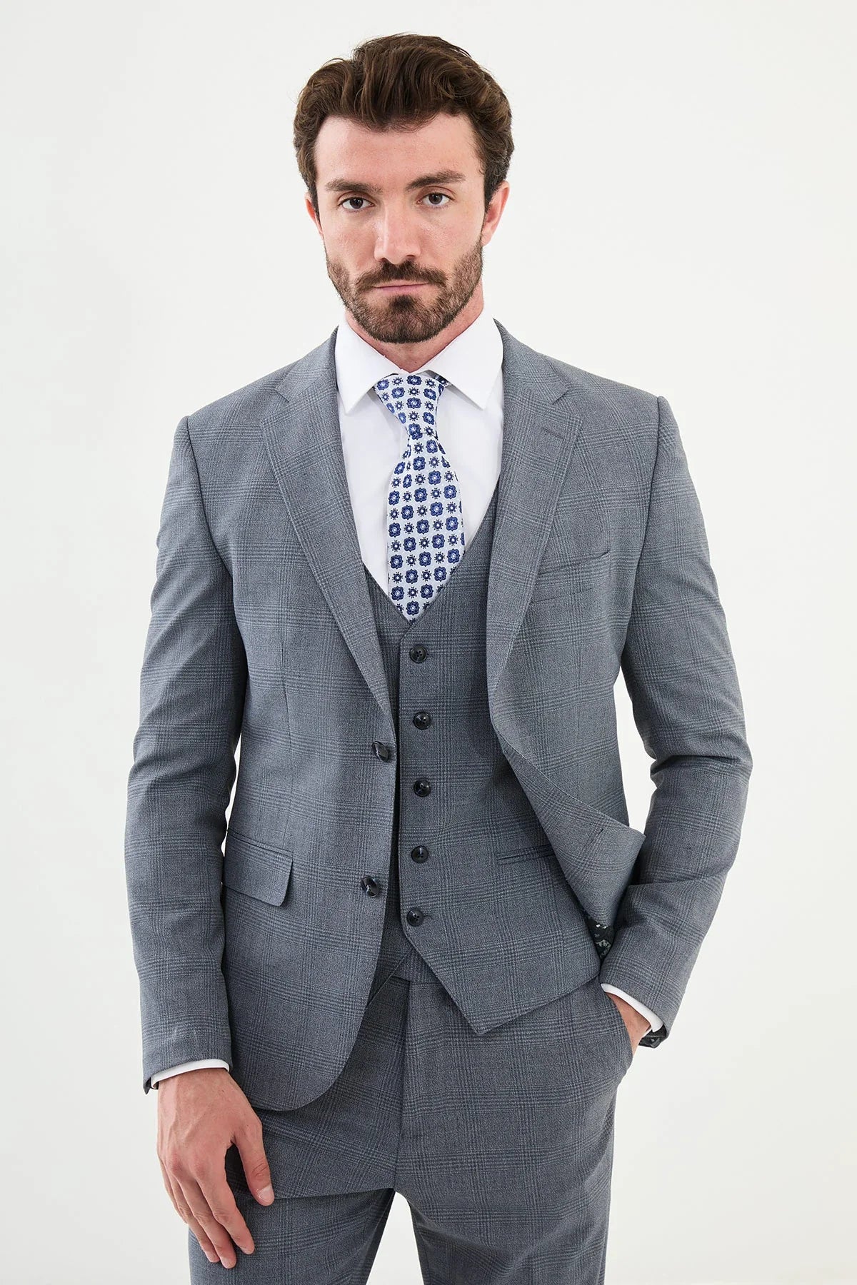 Bojoni Capena Gray Plaid Patterned  Slim Fit Suit