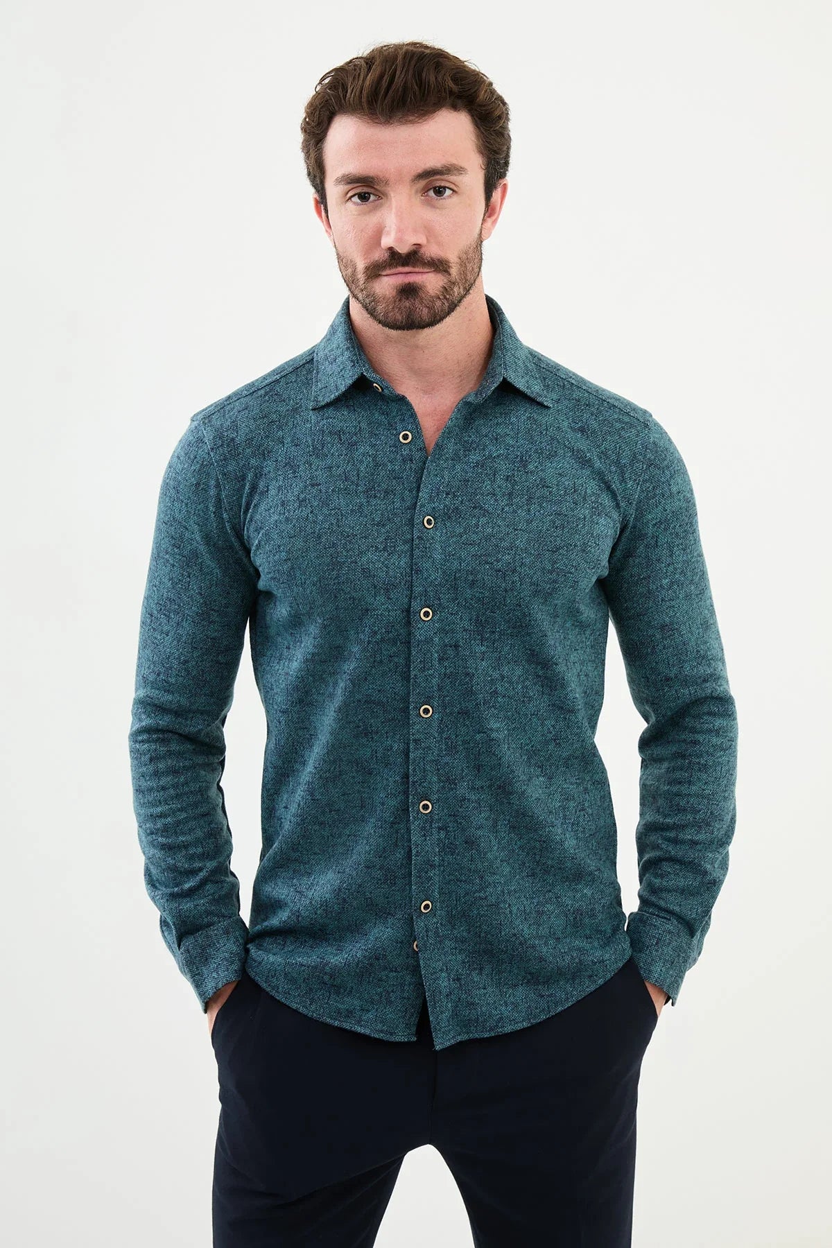 Bojoni Capena Patterned Slim Fit Green Shirt