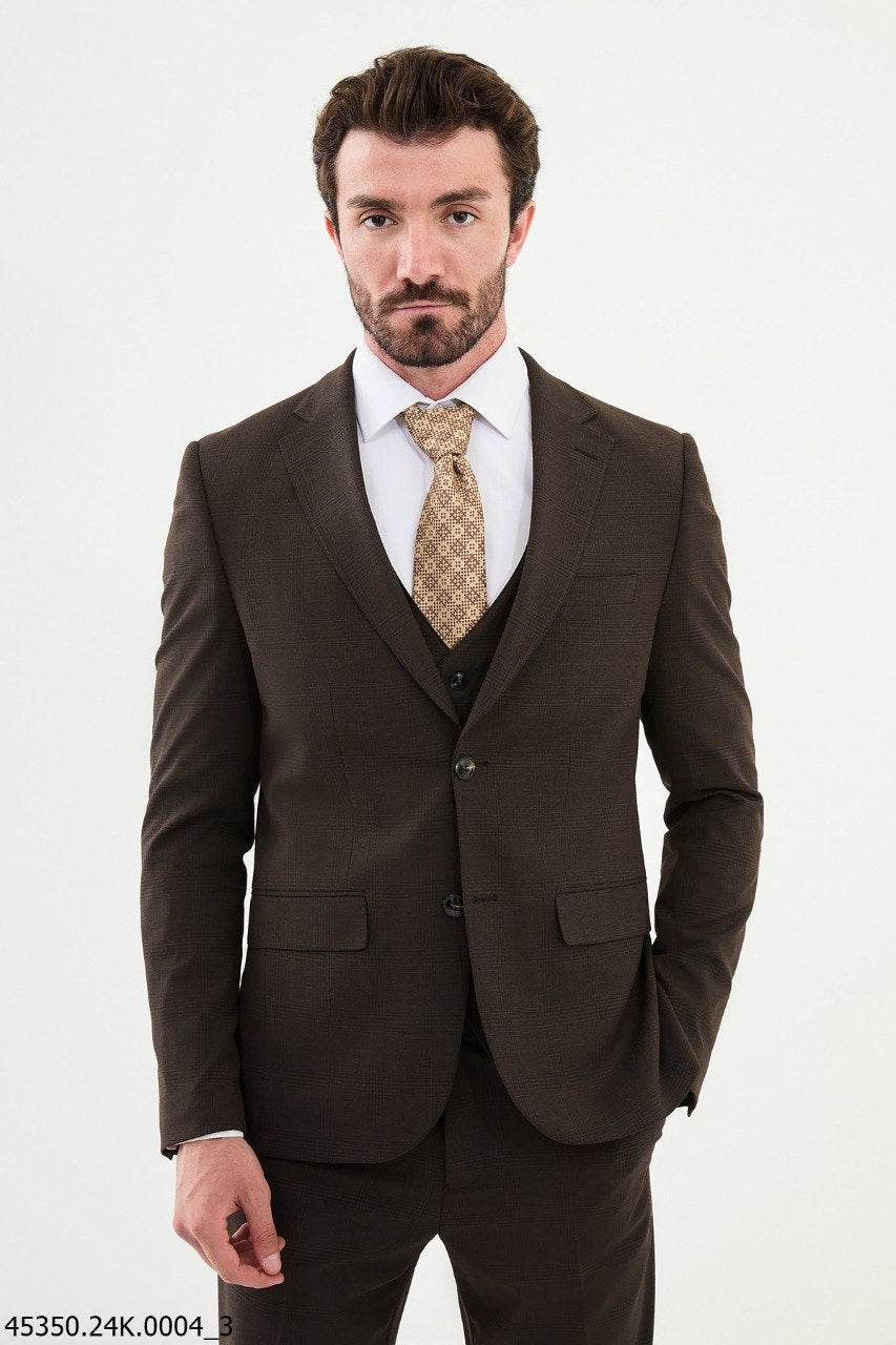 Belmonte Brown Plaid Classic Slim Fit Suit