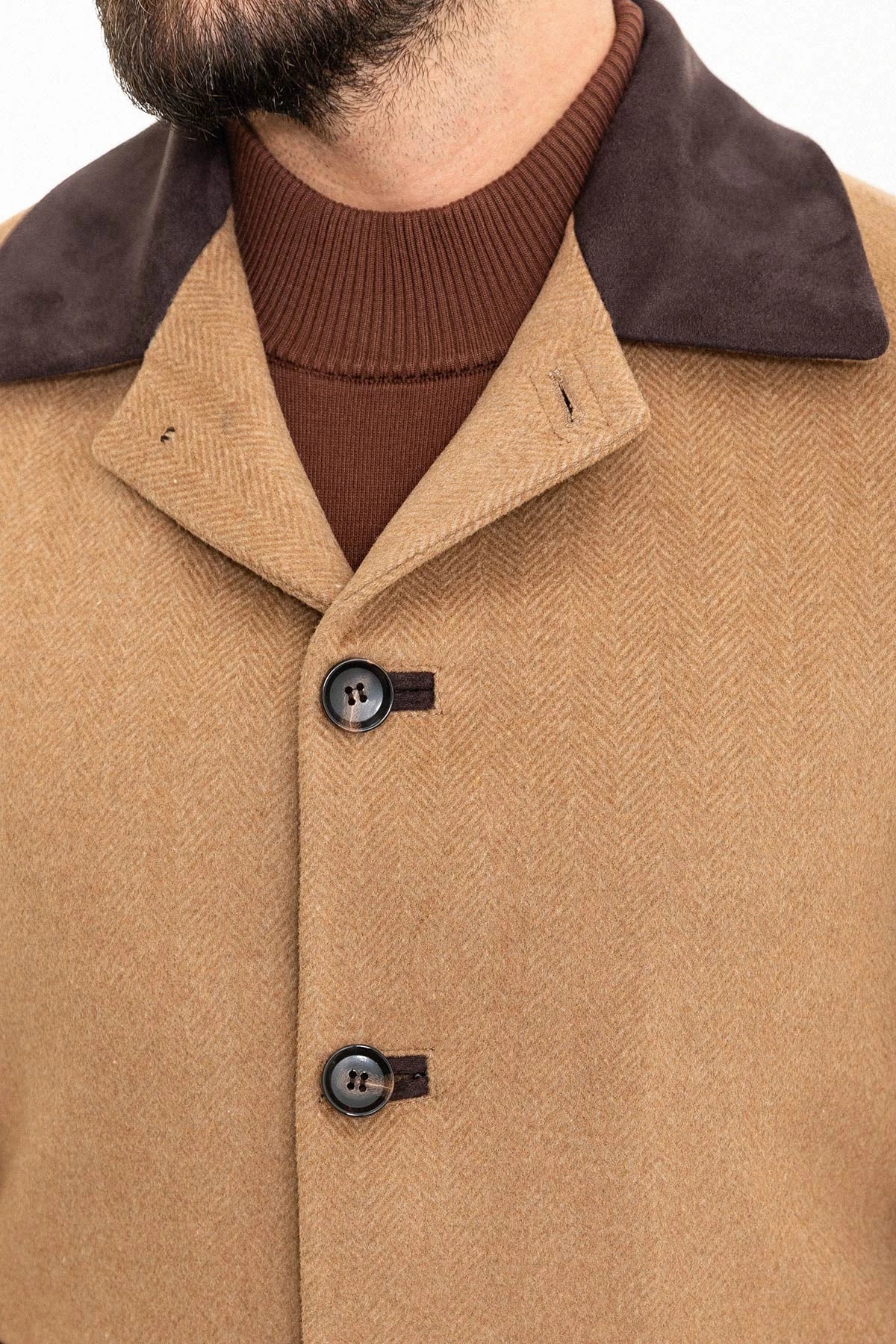 Bojoni Capena Patterned Slim Fit Collar Detailed Stamped  Camel Coat