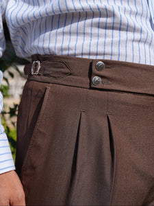 Brown High Waist Pleated Buckle Pants - Regular Fit