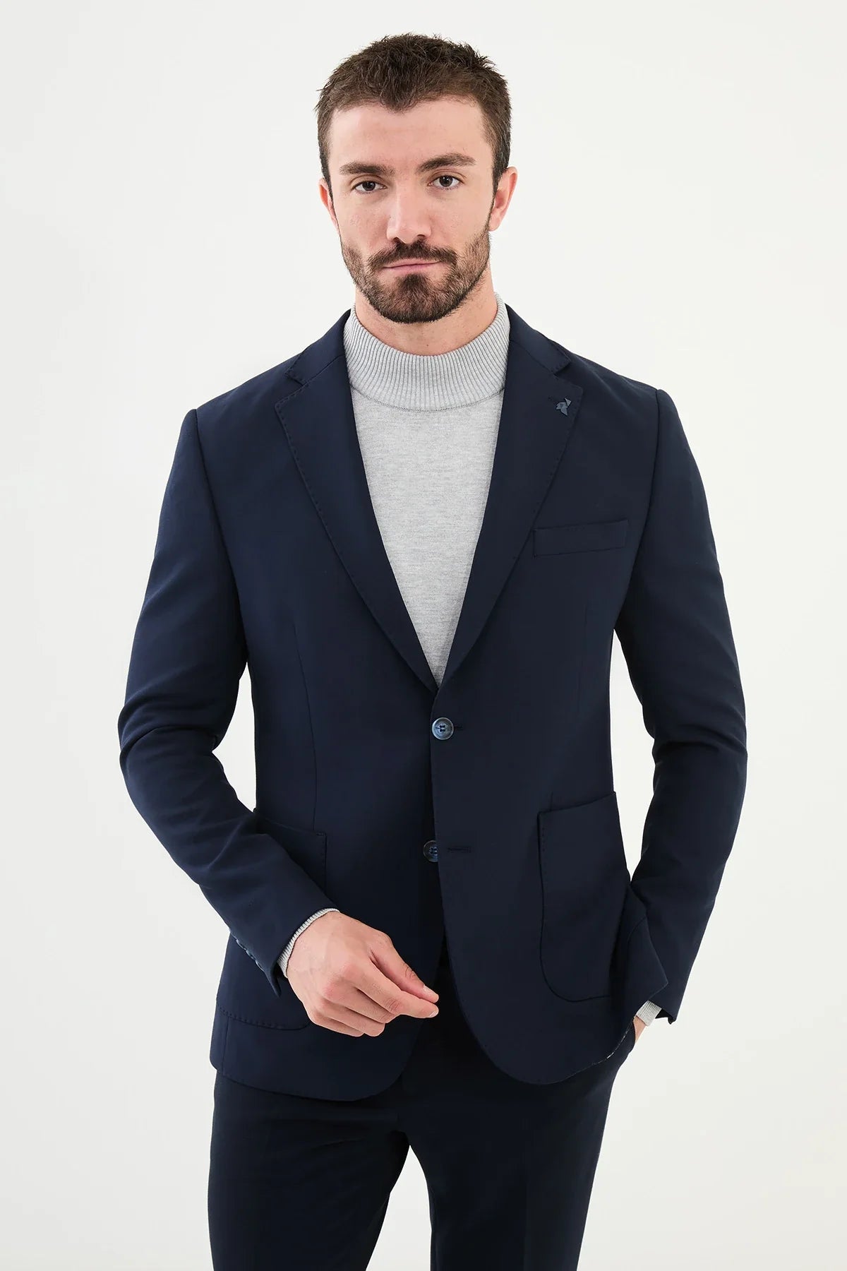 Bojoni Capena Straight Slim Fit Mono Collar Navy Blue Wool Blazer