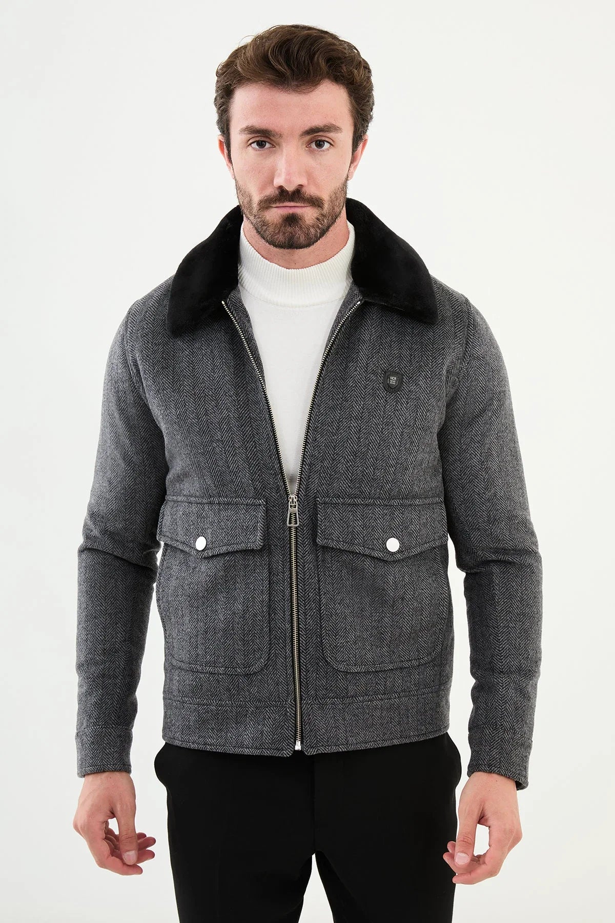 Bojoni Capena Gray Fur Slim Fit Wool Coat