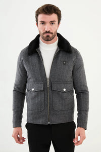 Bojoni Capena Gray Fur Slim Fit Wool Coat