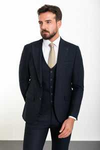 Bojoni Capena Plain Slim Fit  Navy Blue Wide Neck Wool Suit