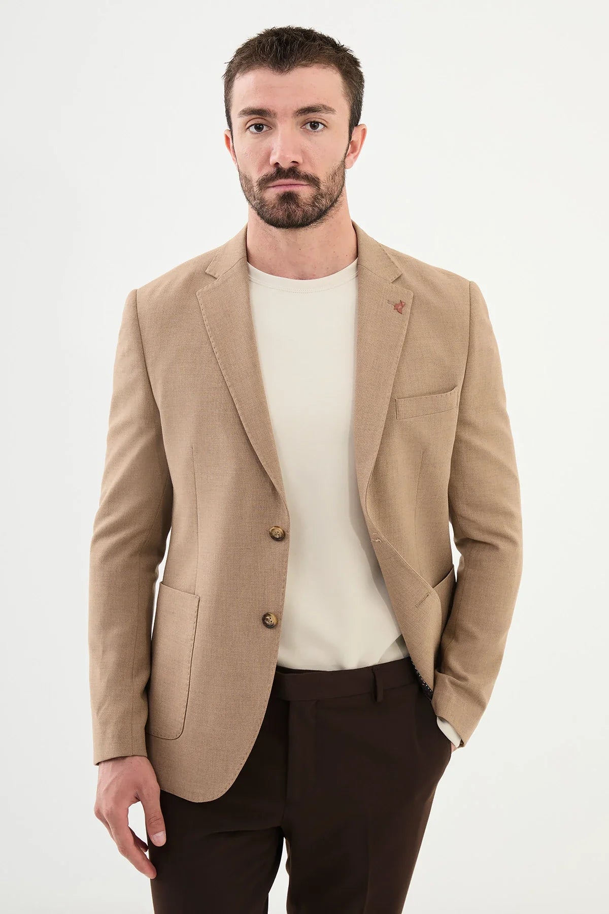 Bojoni Capena Straight Slim Fit Mono Collar Beige Wool Blazer