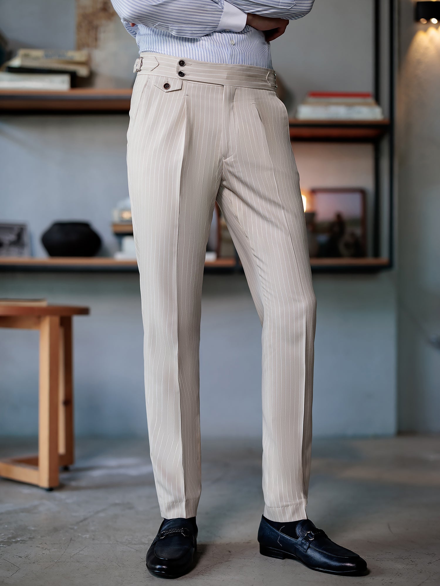 Beige Striped Double Breasted Suit 2-Piece