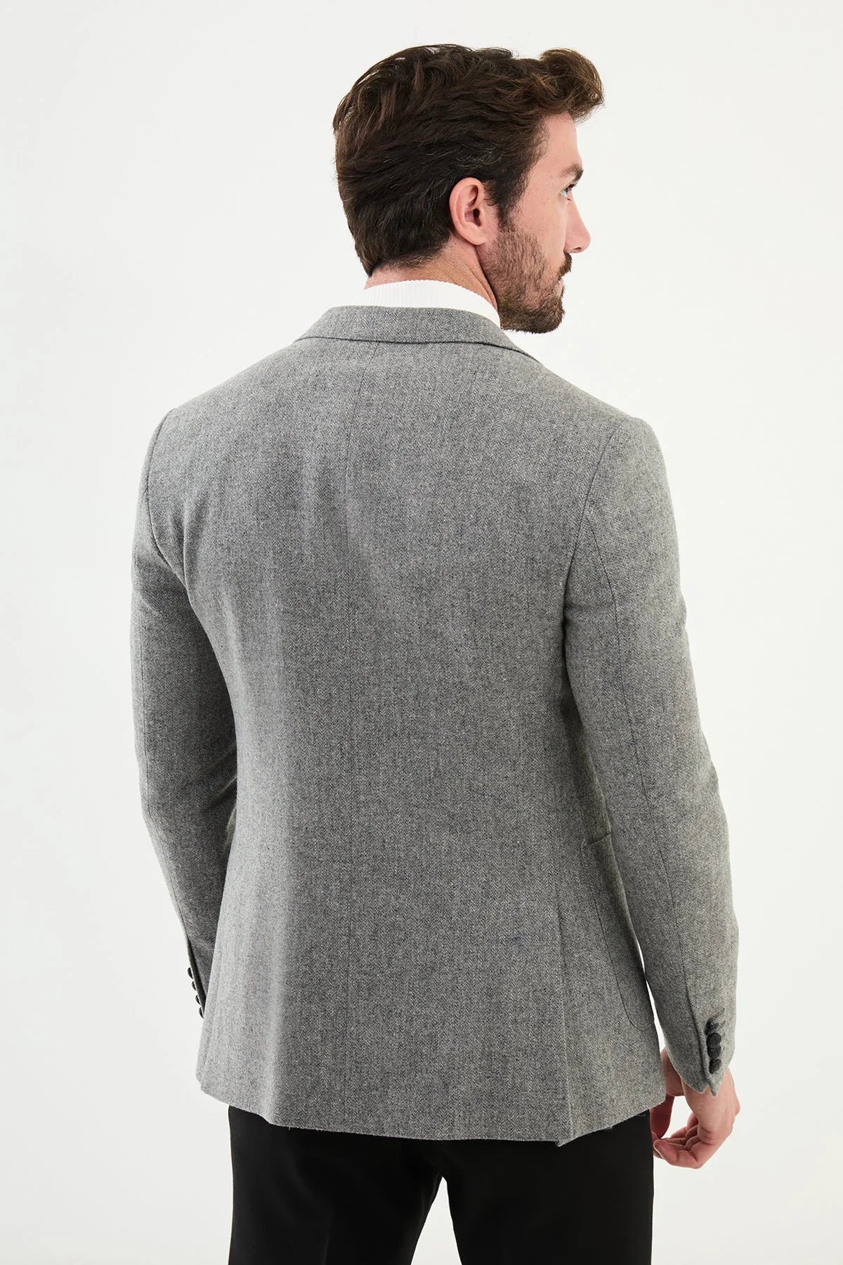 Bojoni Capena Patterned Slim Fit Mono Collar Classic Gray Wool Blazer