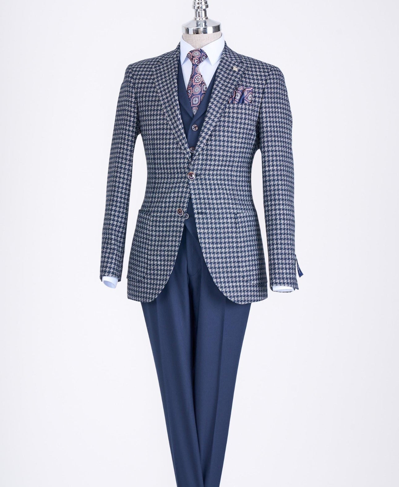 Bojoni Chicago Slim Fit Checked Navy Blue Suit