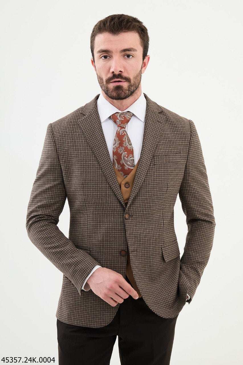 Belmonte Brown Plaid Patterned Slim Fit Suit