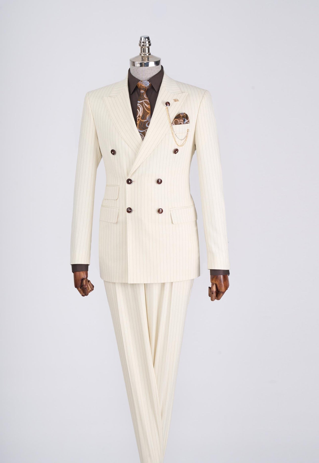 Bojoni Chicago Slim Fit Special Design Double Breasted Beige Suit