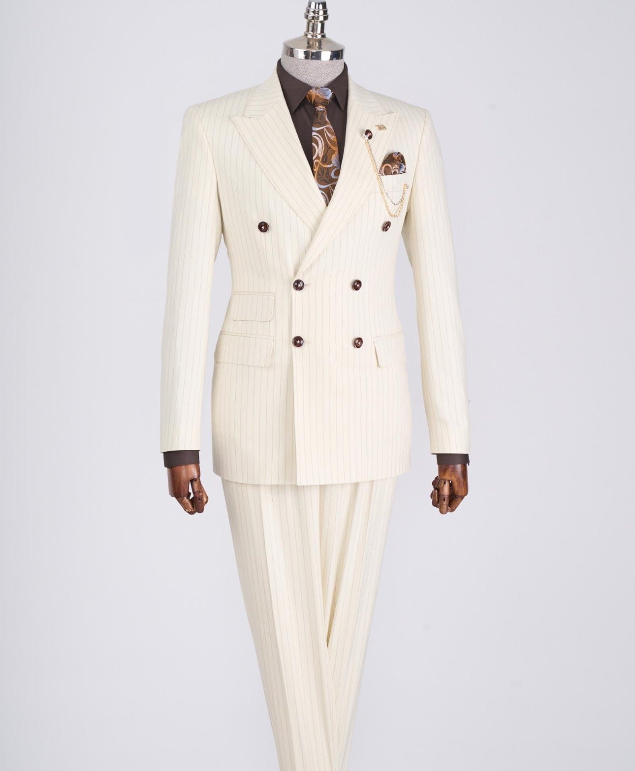 Bojoni Chicago Slim Fit Special Design Double Breasted Beige Suit