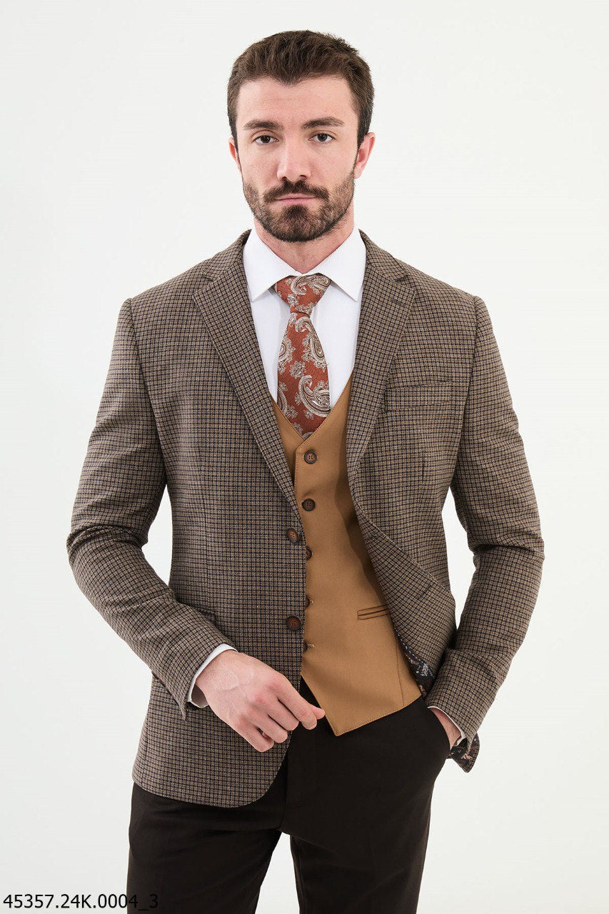 Belmonte Brown Plaid Patterned Slim Fit Suit