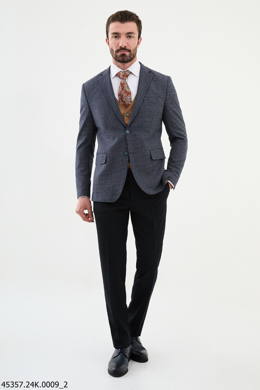 Belmonte Navy Blue Plaid Patterned Slim Fit Suit