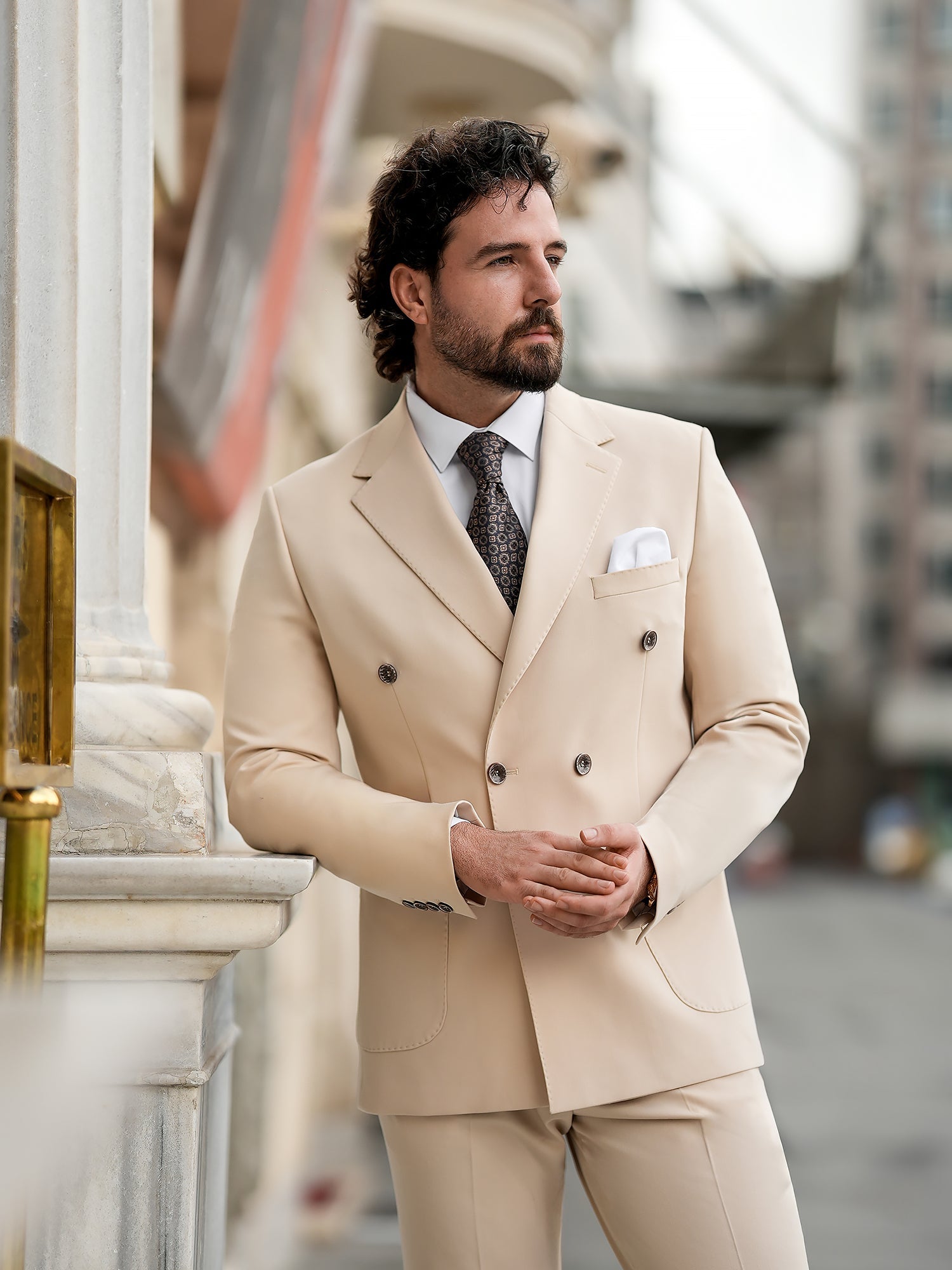 Beige Double Breasted Suit 2-Piece