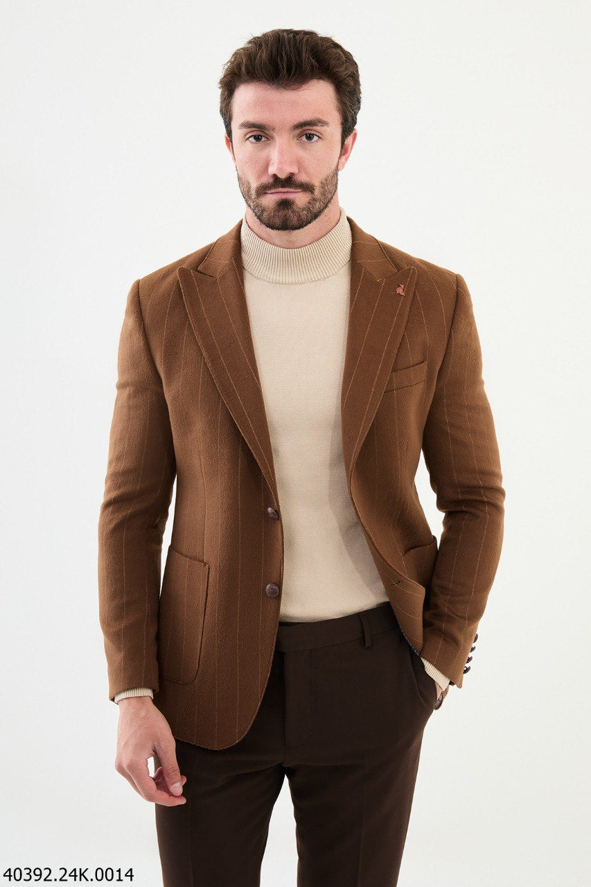 Belmonte Slim Fit Camel Striped Blazer