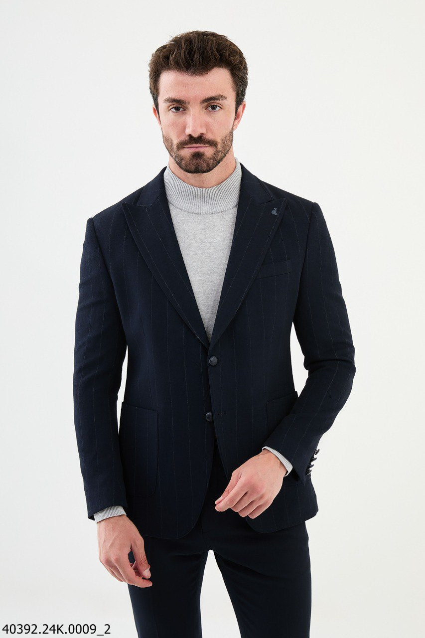 Belmonte Slim Fit Navy Blue Striped Blazer