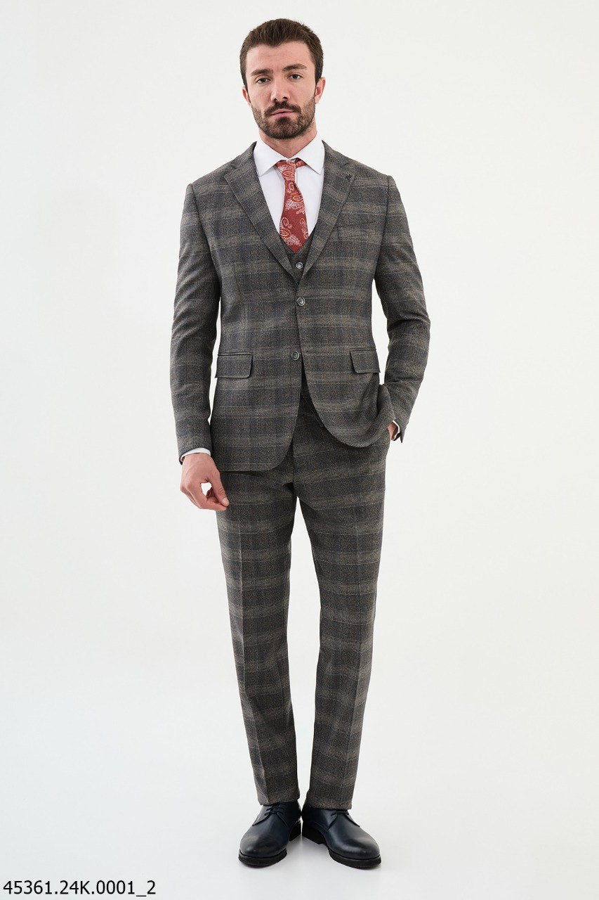 Belmonte Dark Beige Plaid  Slim Fit Suit