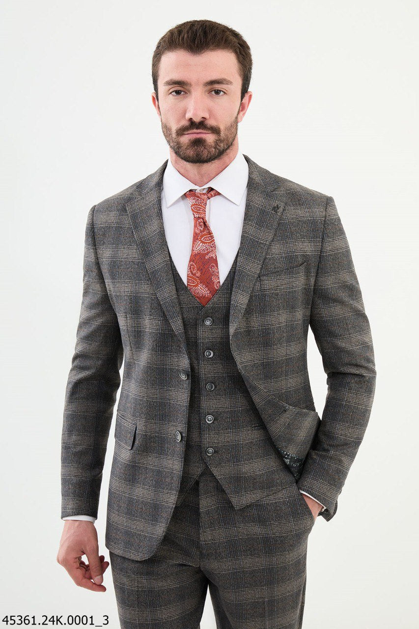 Belmonte Dark Beige Plaid  Slim Fit Suit