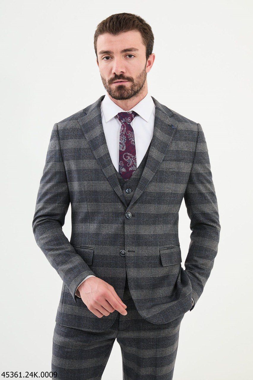 Belmonte Navy Blue Plaid Slim Fit Suit