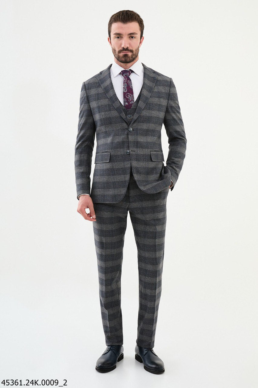 Belmonte Navy Blue Plaid Slim Fit Suit