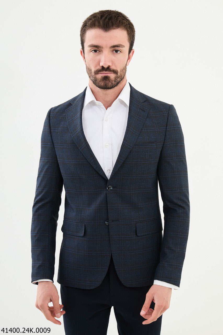 Belmonte Slim Fit  Navy Blue Plaid  Blazer