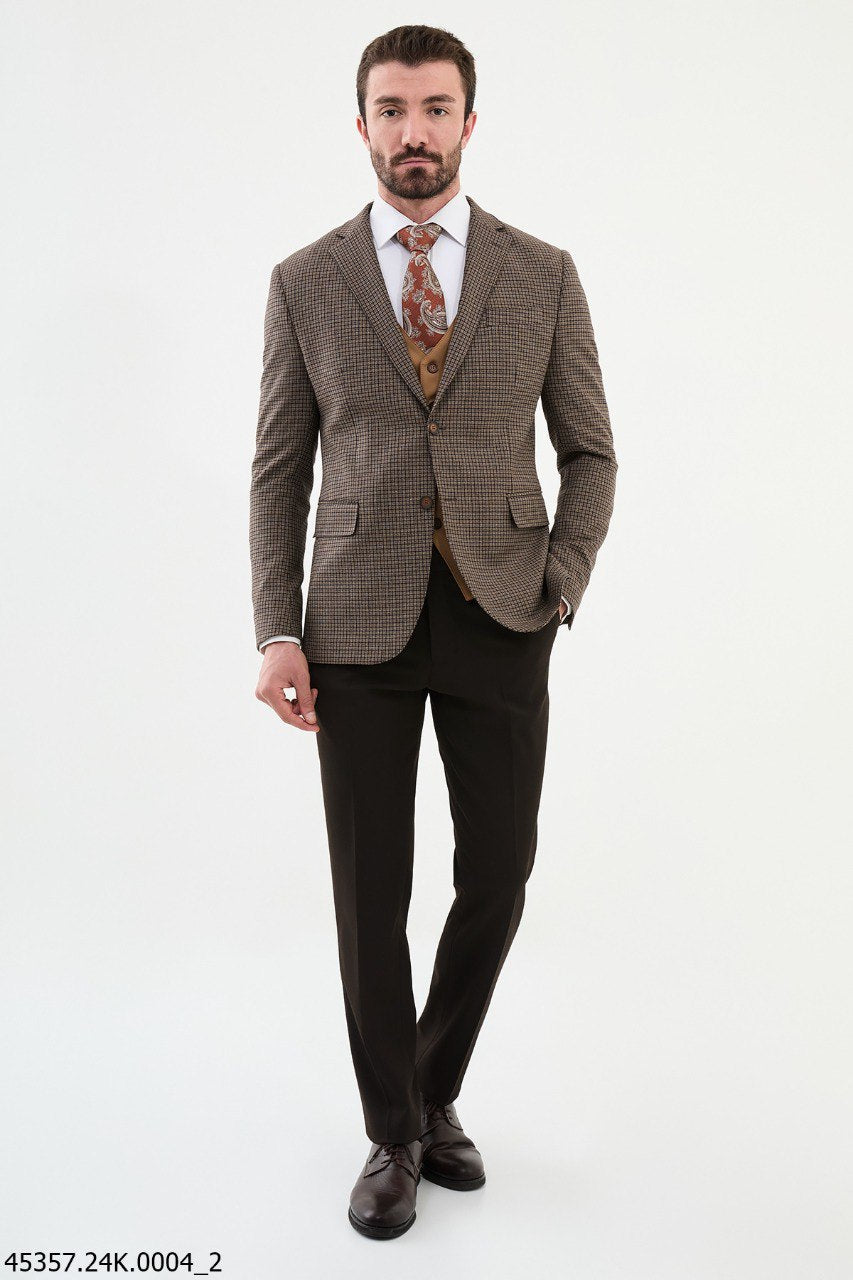 Belmonte Brown Plaid Patterned Slim Fit Suit