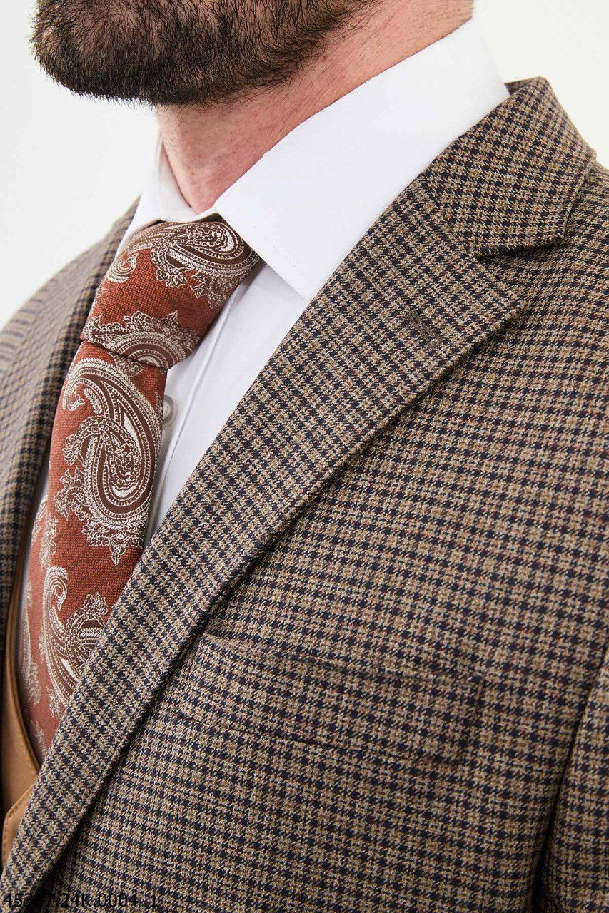 Belmonte Brown Plaid Patterned Slim Fit Suit