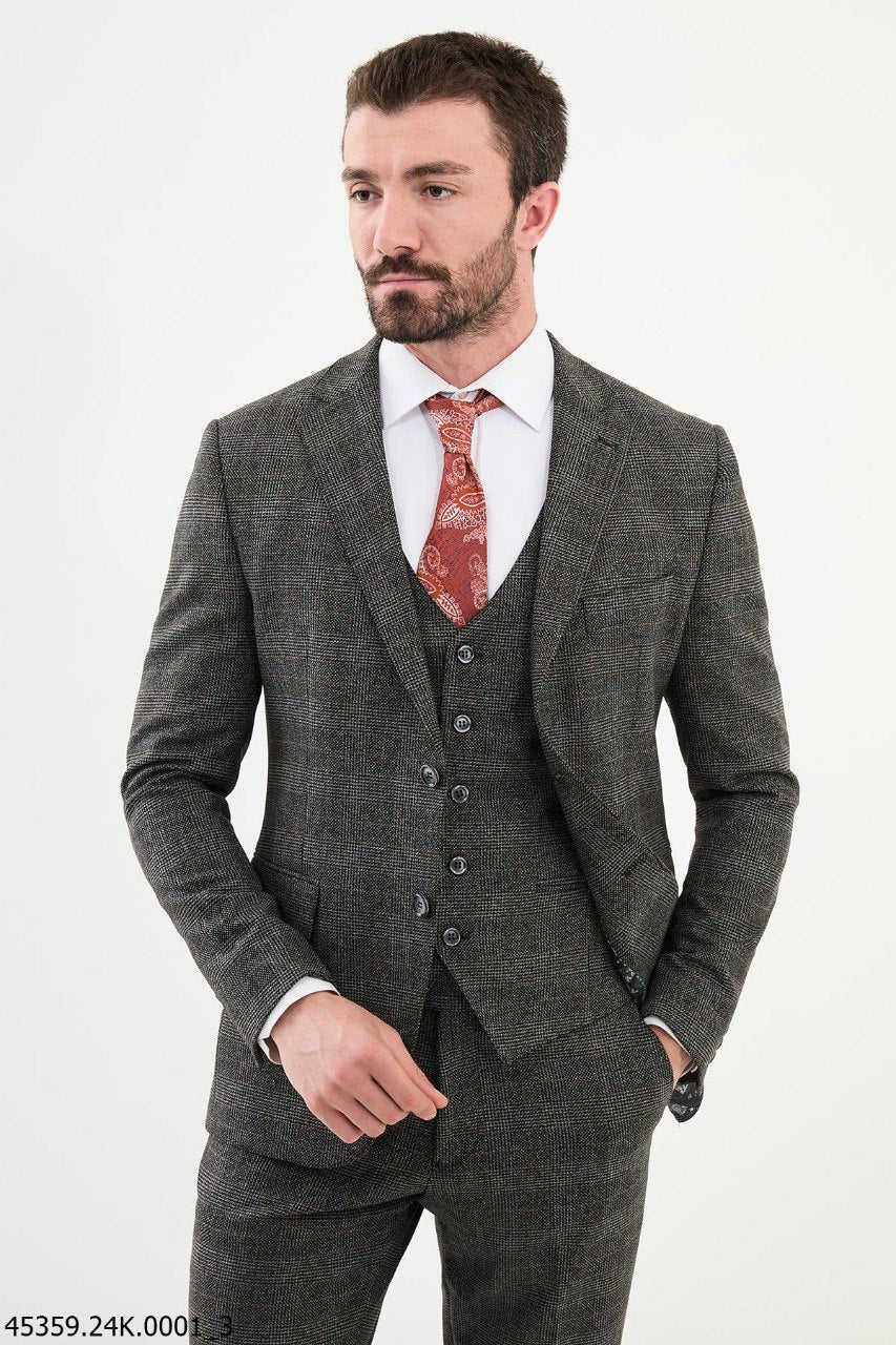 Belmonte Dark Beige Plaid  Slim Fit Suit