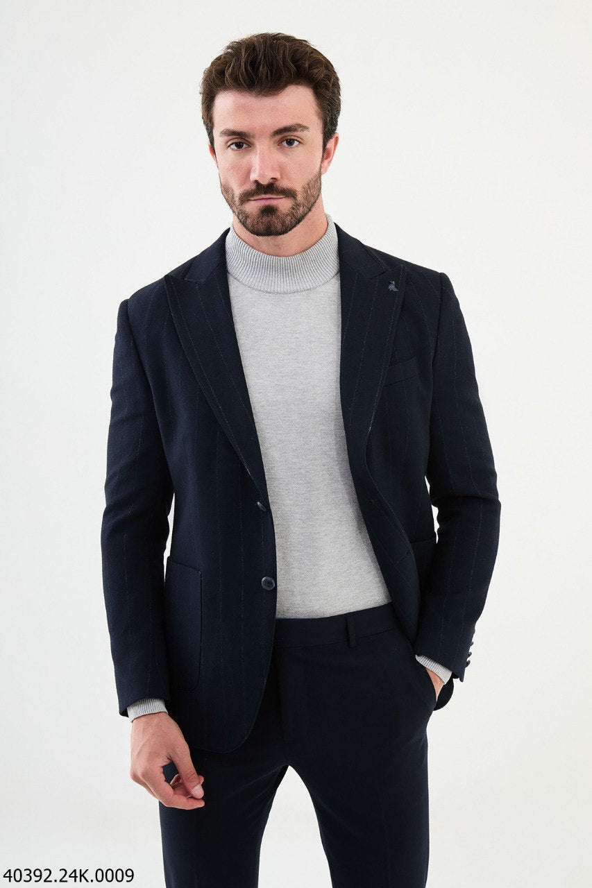 Belmonte Slim Fit Navy Blue Striped Blazer