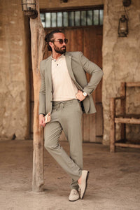 Khaki Mono-Collar Summer Suit – Lightweight Two-Piece