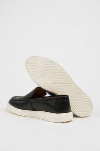 Maison Black Leather Casual Shoes with Knitted Detail