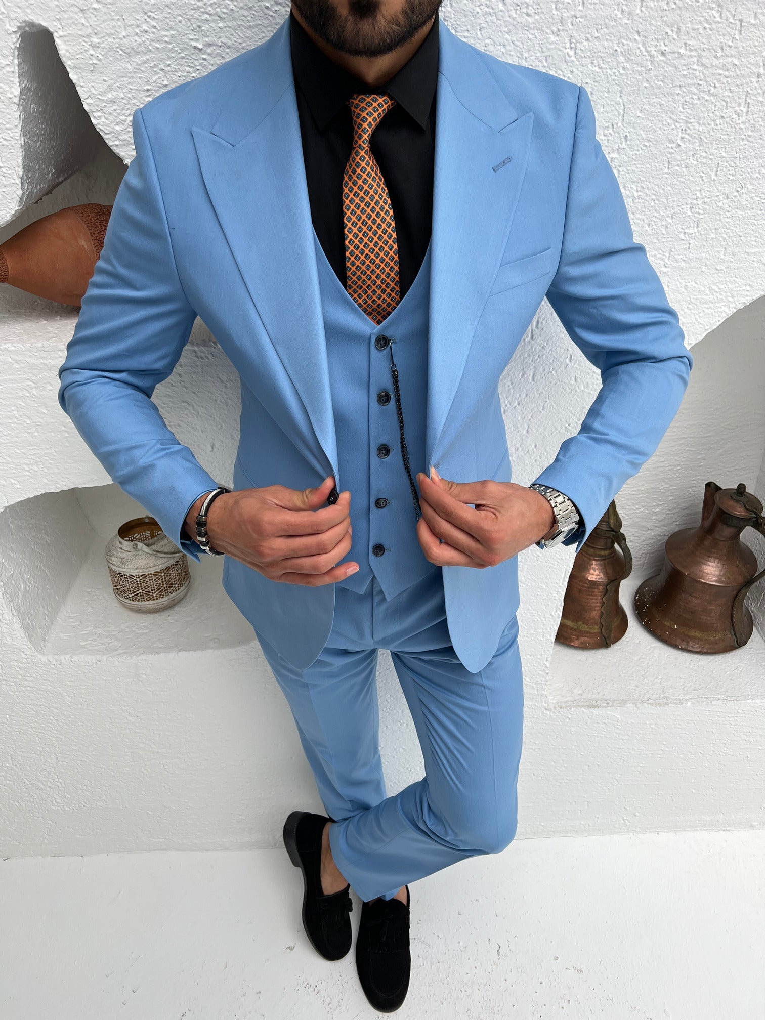 Sky-Blue Slim-Fit Suit 3-Piece