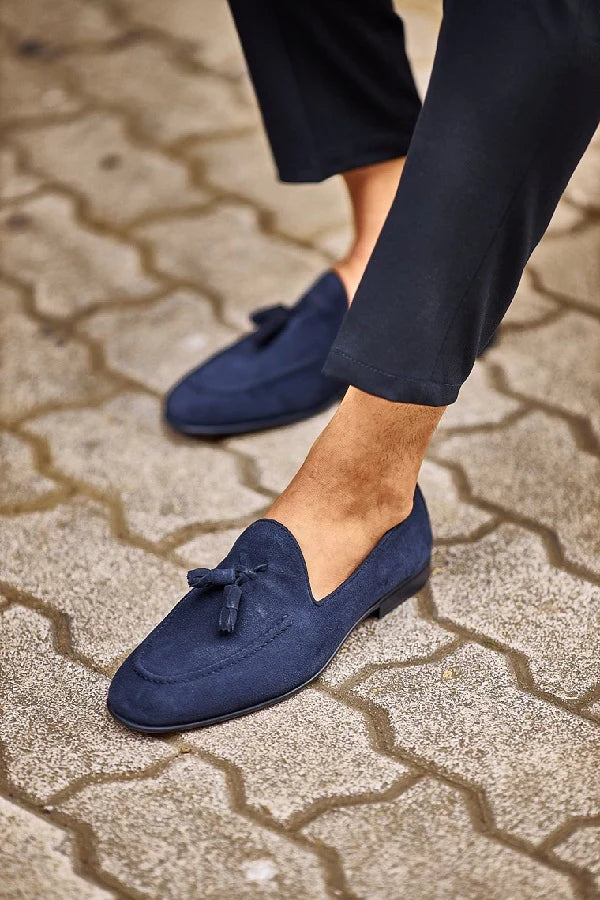 Bojoni Bravo Navy Blue Suede Tassel Loafers