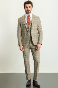 Bojoni Trivento Camel Plaid Patterned Slim Fit Suit