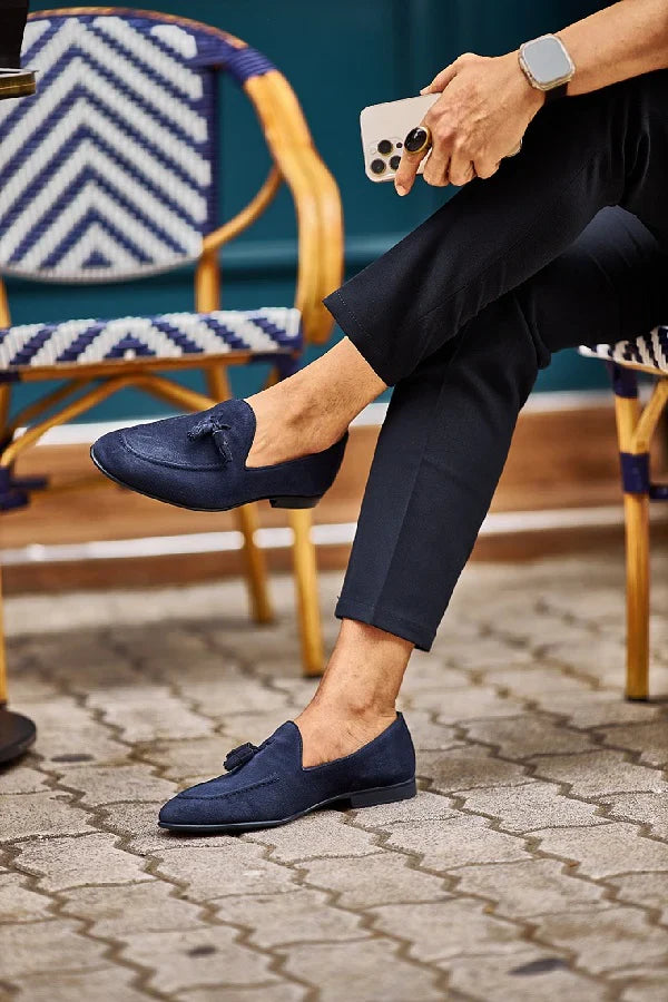 Bojoni Bravo Navy Blue Suede Tassel Loafers