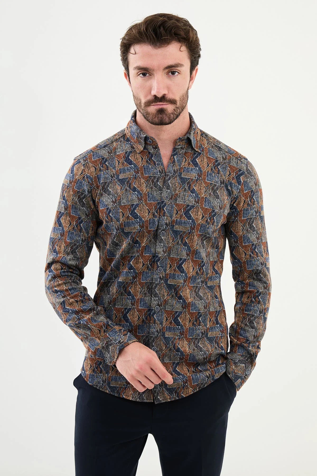 Bojoni Capena Patterned Slim Fit Camel Shirt