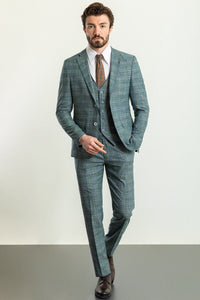 Bojoni Trivento Green Mint Plaid Patterned  Slim Fit Suit