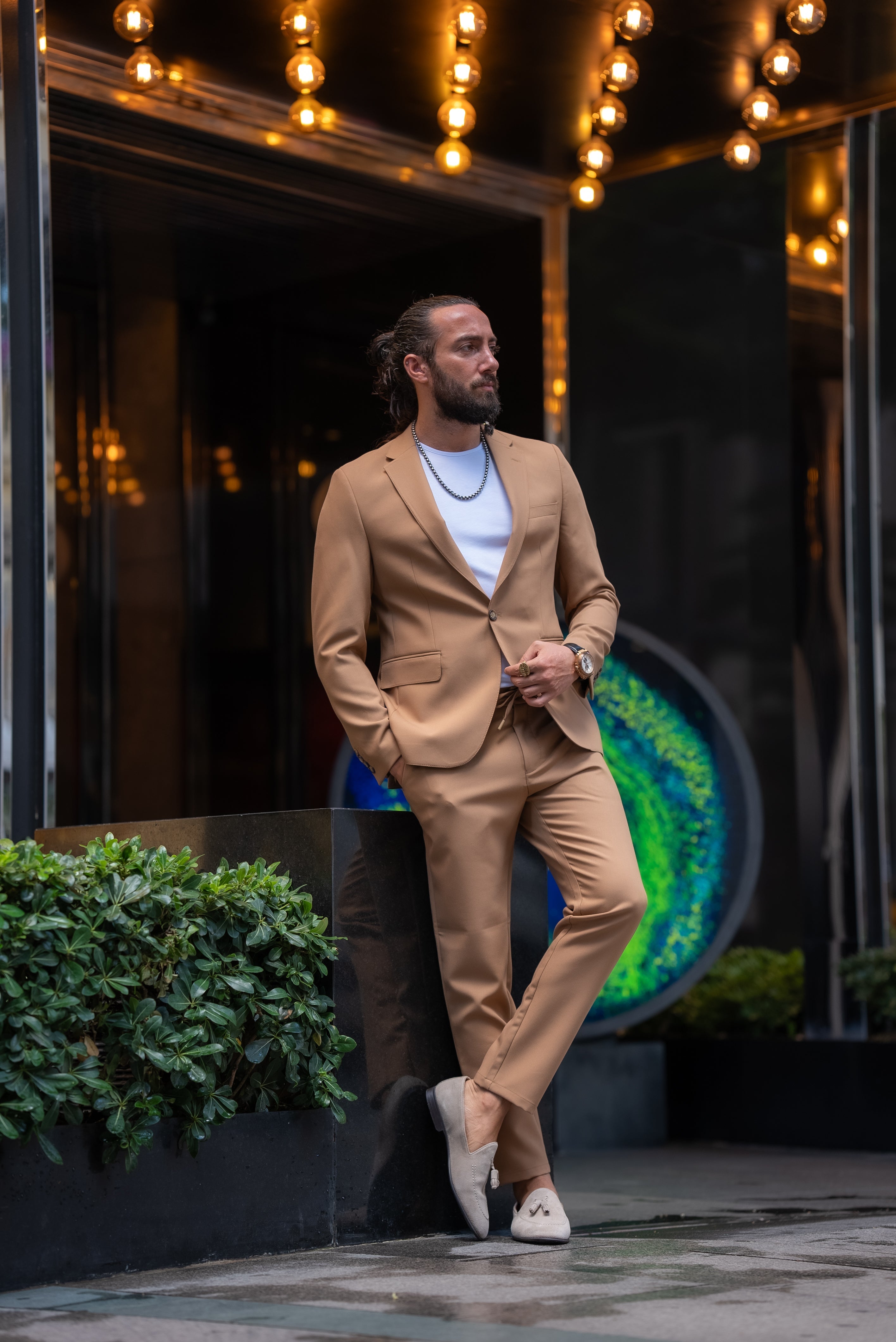 Bojoni Marelli Slim Fit Camel Mono Collar Suit