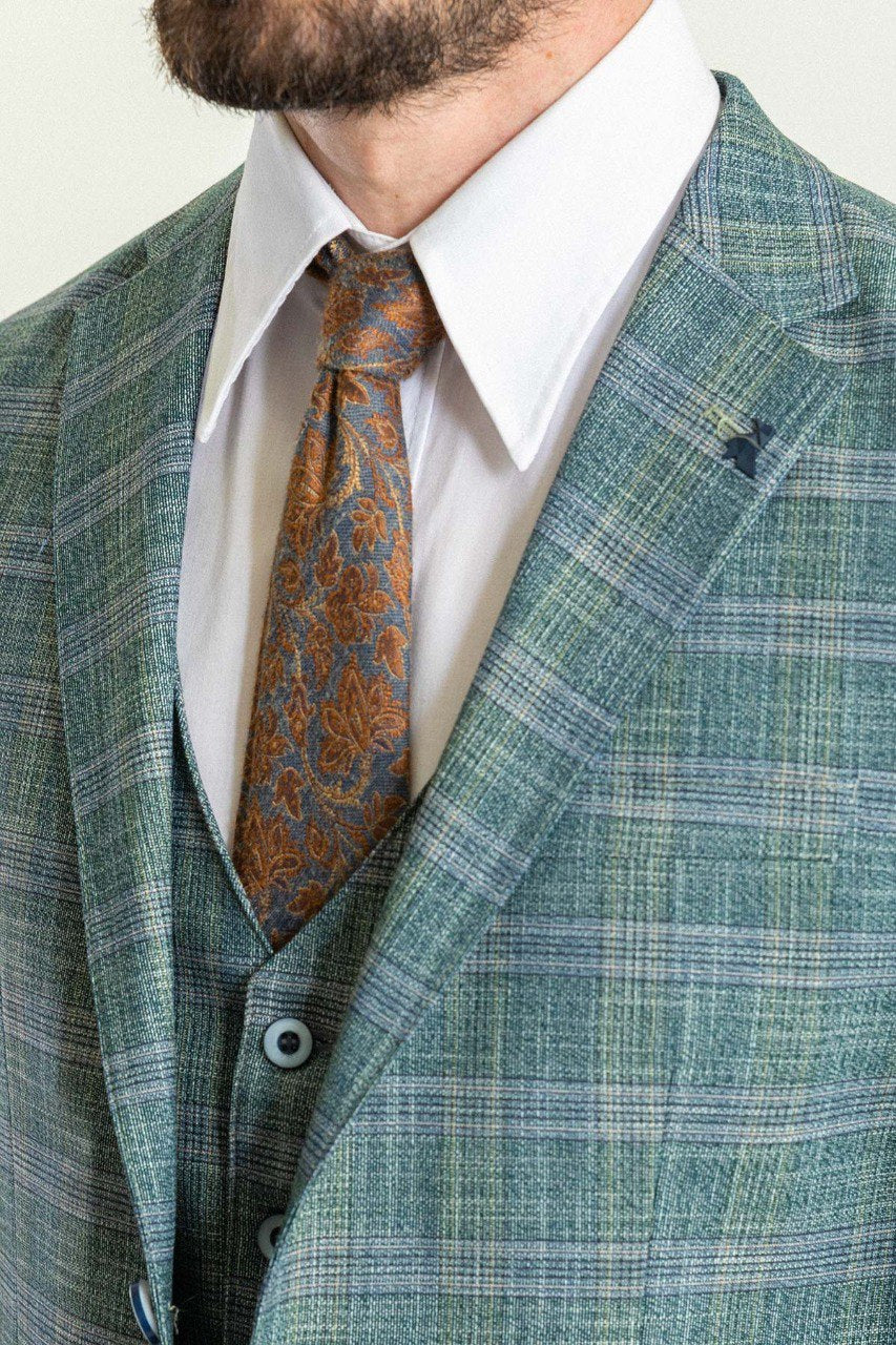 Bojoni Trivento Green Mint Plaid Patterned  Slim Fit Suit