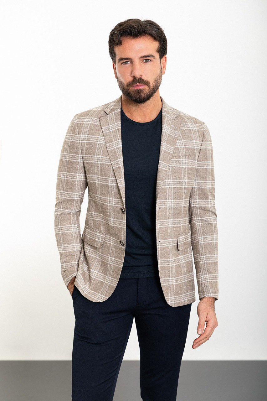 Bojoni Torretta Slim Fit Beige Plaid Blazer