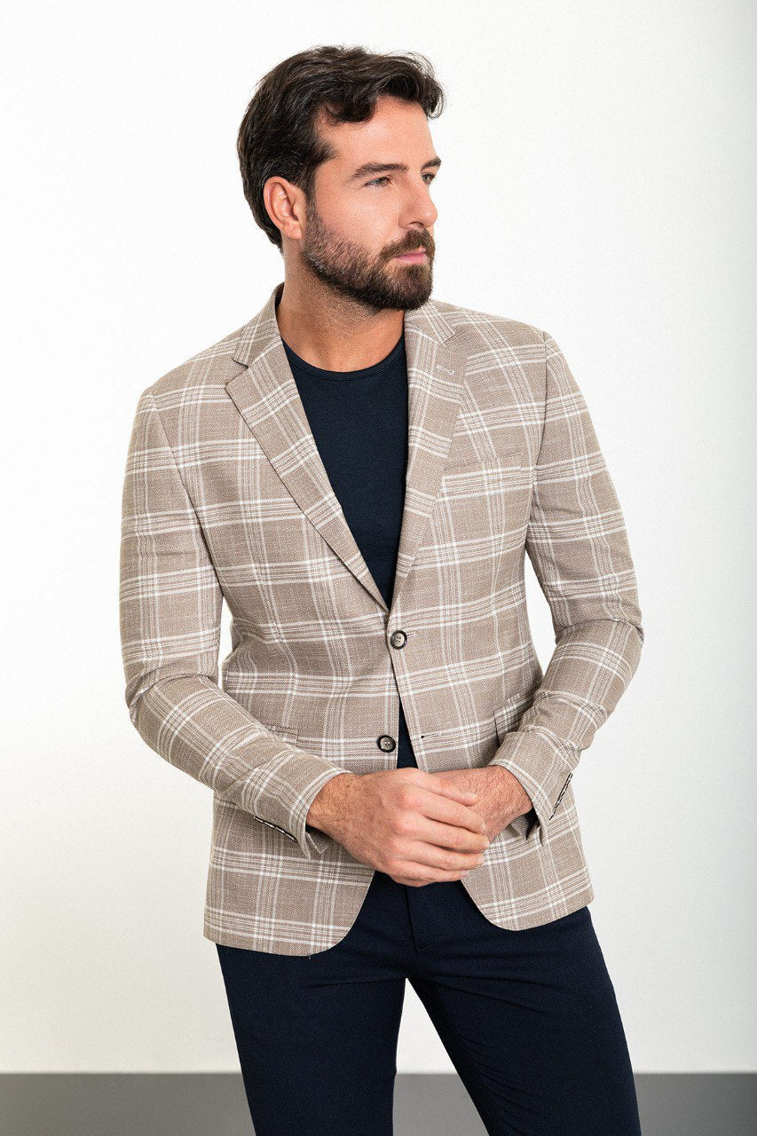 Bojoni Torretta Slim Fit Beige Plaid Blazer