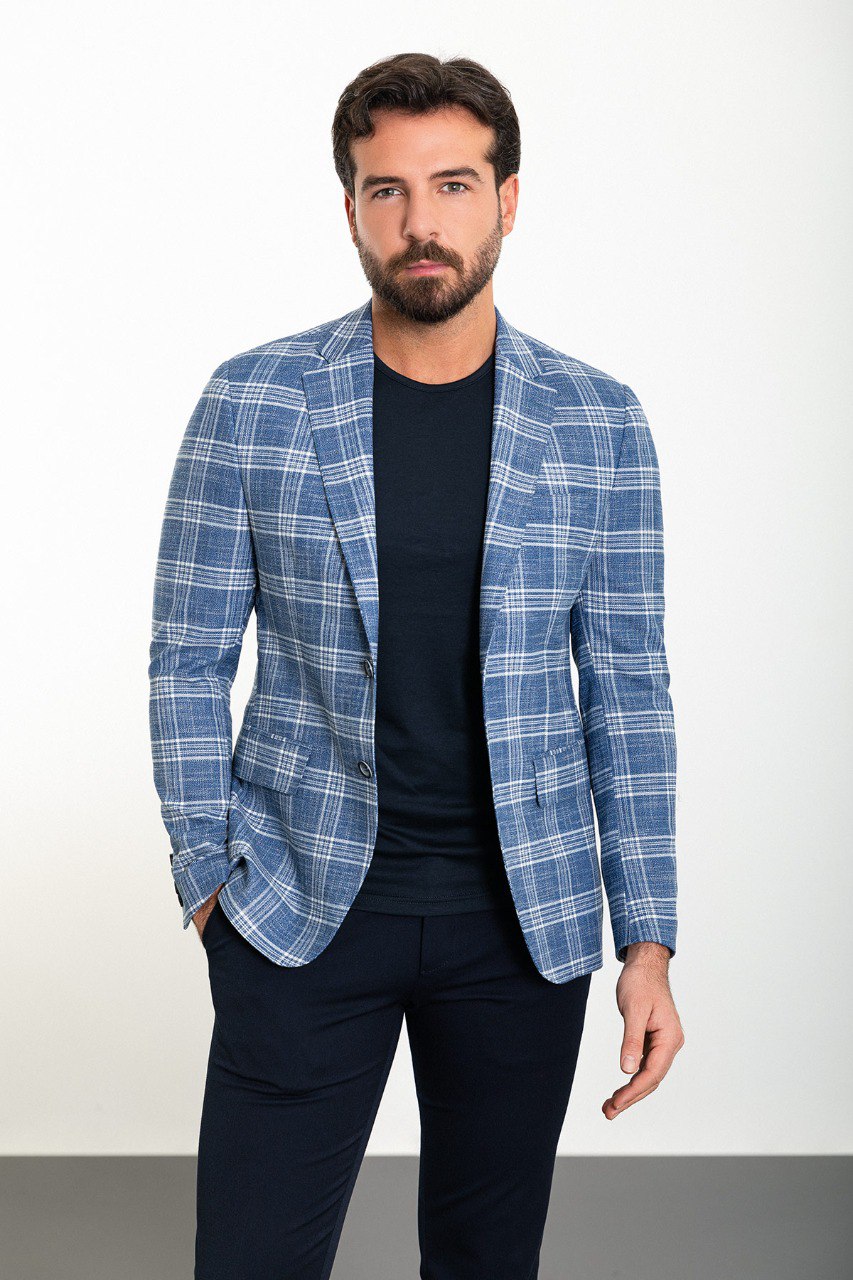 Bojoni Torretta Slim Fit Blue Plaid Blazer