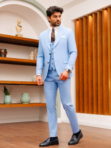 Sky-Blue Slim-Fit Suit 3-Piece