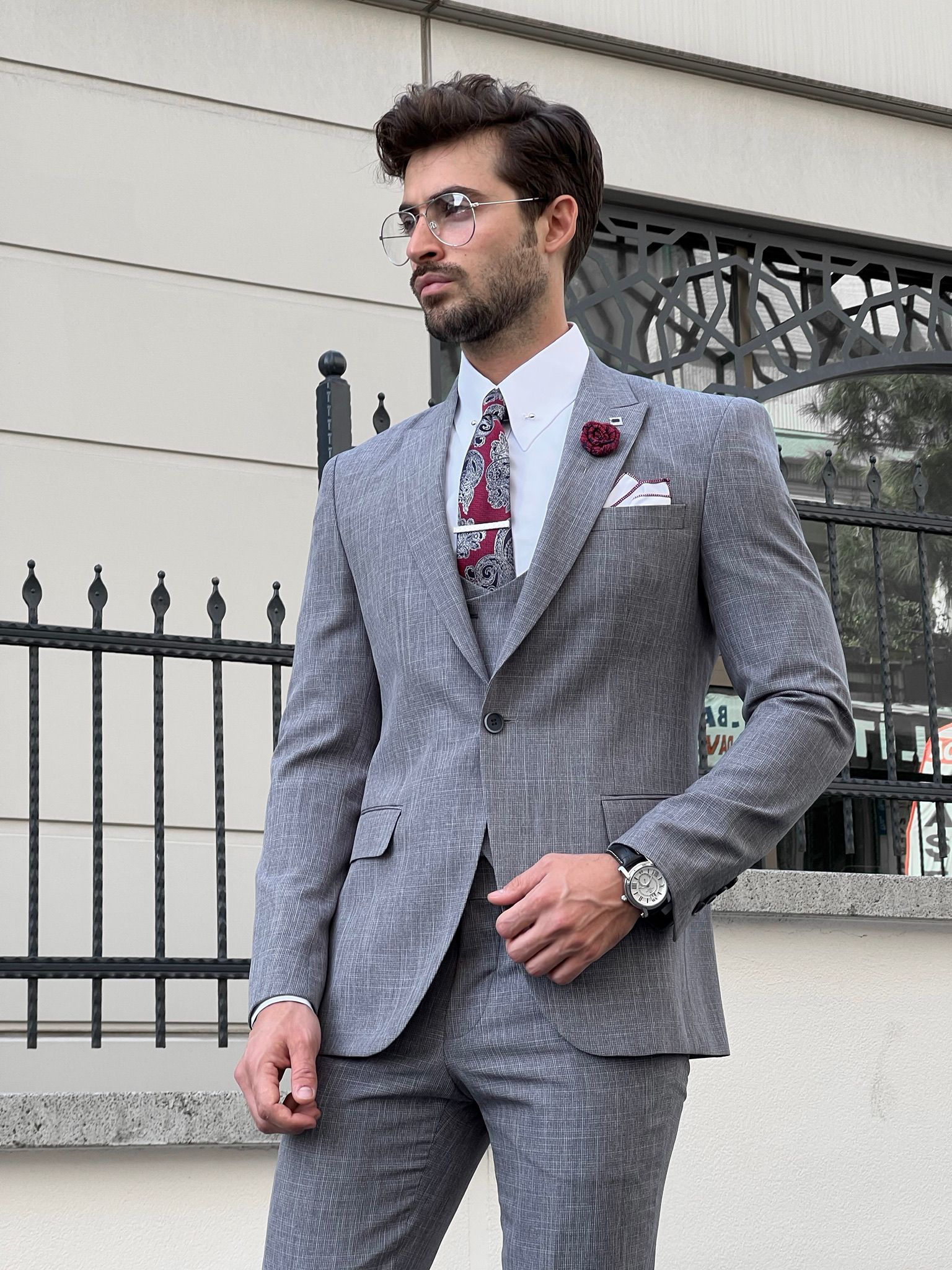 Bojoni Astoria Slim Fit Patterned Pointed Collared Gray Suit