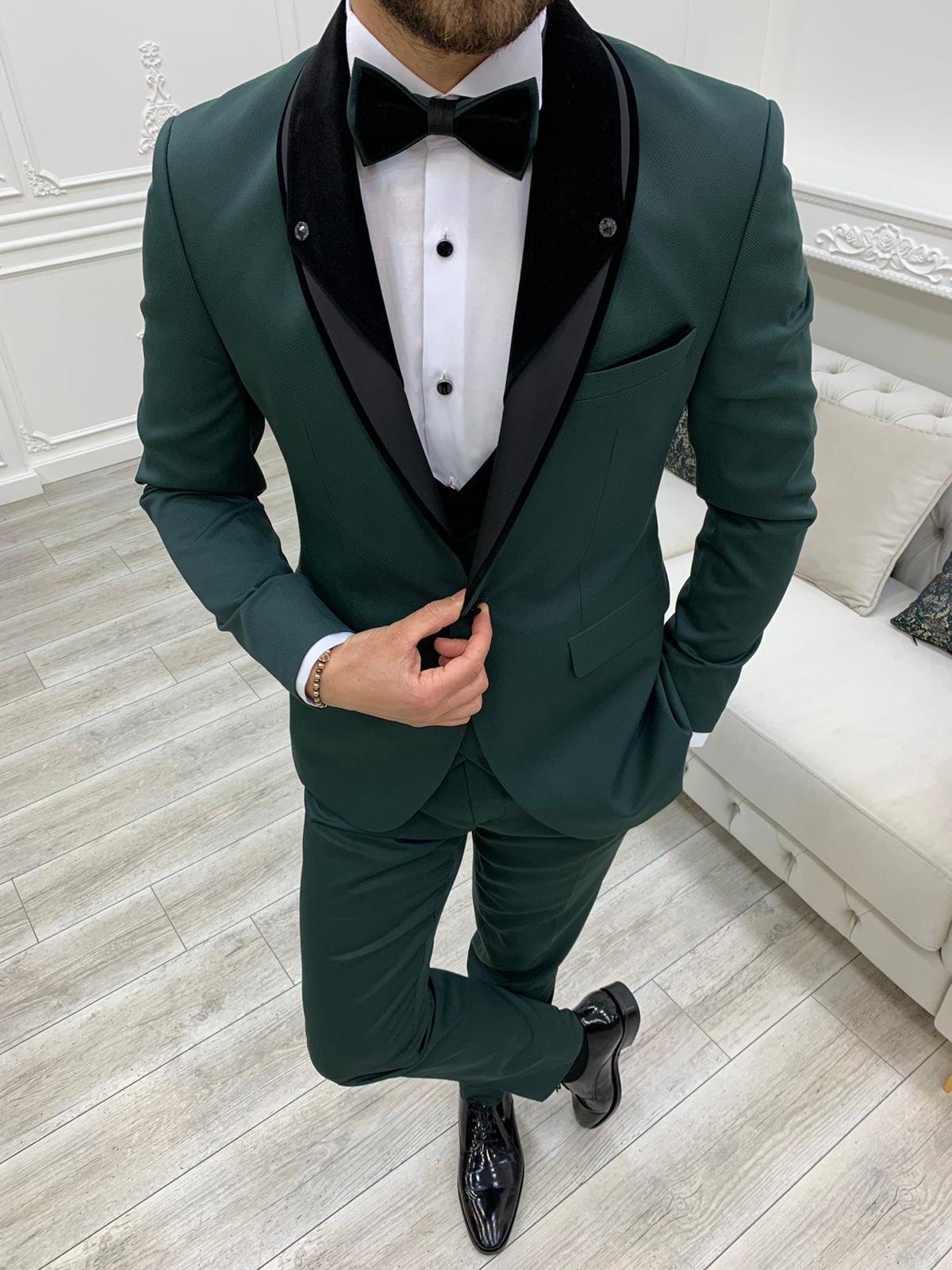 Partoni Royal Velvet Shawl Green Slim Fit Tuxedo-baagr.myshopify.com-1-BOJONI