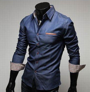 Mens Denim Shirt with Inner Plaid Details
